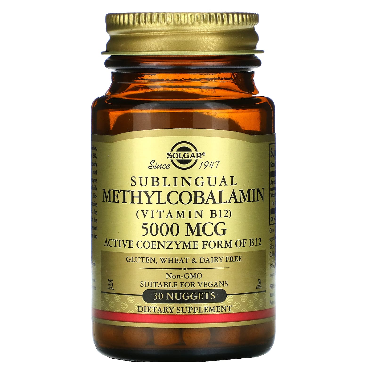 Solgar, Sublingual Methylcobalamin (Vitamin B12), 5,000 mcg, 30 Nuggets UPC 033984019584 | HiLife Vitamins